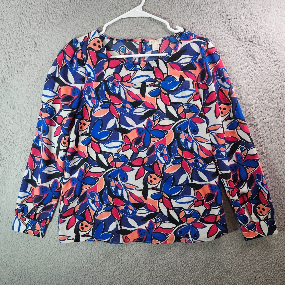 J Crew Top Blouse Women Small Butterfly Print Long Sleeve Blue White Pink